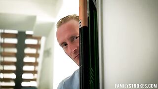 A woman has sex with a lover while talking to her husband on the couch