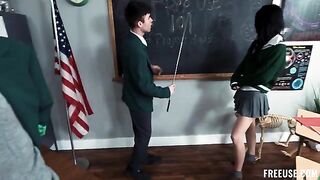 A girl is fucking with a crowd of guys in a vulgar style