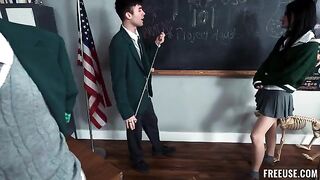 A girl is fucking with a crowd of guys in a vulgar style
