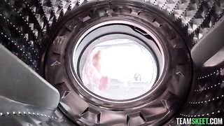 A girl was helped by a guy with vibration of her washing machine