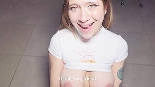 A girl is waiting for a portion of fresh sperm in her mouth