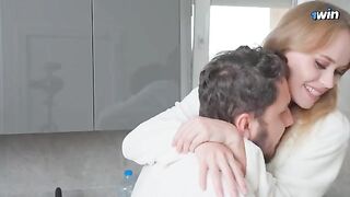 The housewife is very excited and she plays with the plumber