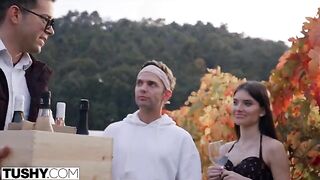 Stunning brunette Stefany gets her tight asshole gapped by horny tourists on holiday