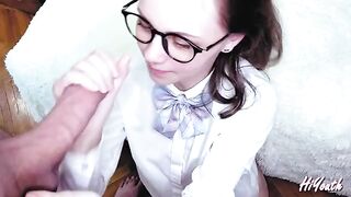 My pretty Russian girlfriend got a cumshot on her glasses