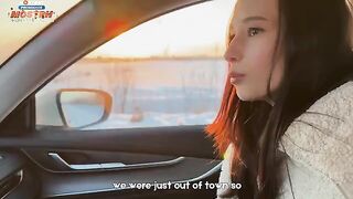 A girl knows how to keep warm in an unexpected car situation