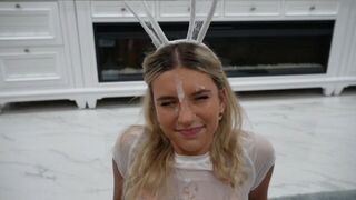 A cute girl got a face decoration and received a huge facial