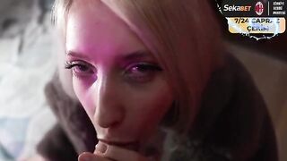 The guy finished on the chin of a prostitute, who was wearing a fur coat