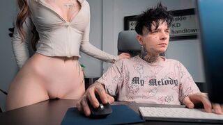 A girl caresses the table and rubs her pussy, missing cock