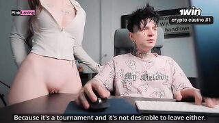 A girl caresses the table and rubs her pussy, missing cock