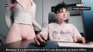 A girl caresses the table and rubs her pussy, missing cock