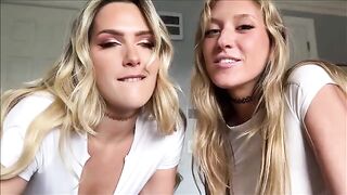 Two girls share a cock during hot lesbian sex