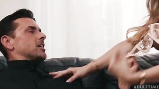 I fucked the brunette on the couch and finished on her tits