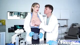 A girl in a submissive pose accepts rough sex with a guy