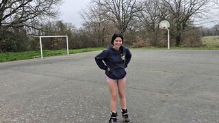 A cute petite girl risks herself in the woods for a big dick load