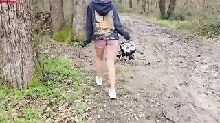 A cute petite girl risks herself in the woods for a big dick load