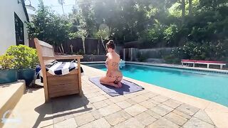 A big-breasted MILF has sex with her son’s friend in the pool
