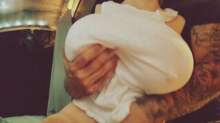 The man gets a stunning orgasm from his homemade tit machine