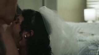 Lick my pussy slowly and painfully long on the bed with tattooed brunettes