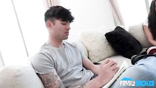A brunette woman greedily sucks a cock, choking on her own saliva