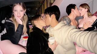 A passionate couple forgets about everything when making love in the backseat