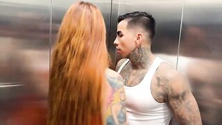 Outdoor sex in the elevator with a busty Latina and her neighbor