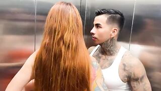 Outdoor sex in the elevator with a busty Latina and her neighbor