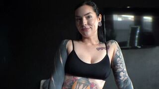 A girl with a metal brace in her mouth is begging for sex