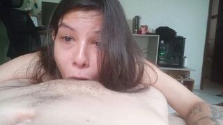 She swallows a huge load of cum, her throat is filled with it