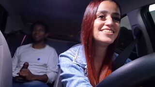 A hot chick is getting fucked in the car on the road