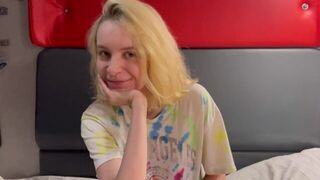 A hot blonde is getting wet between her legs, thinking about a cock