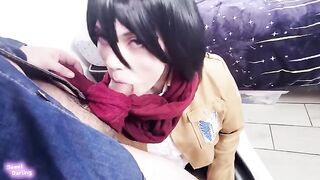 A surprise blowjob after being pushed against the wall