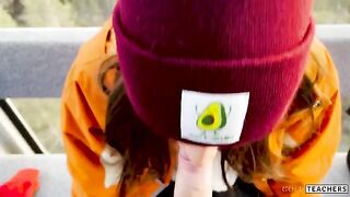 A blowjob in the mountain cableway with a stranger and cum in the mouth