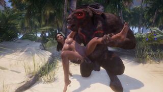A busty woman is having sex with two big monsters with horse dicks