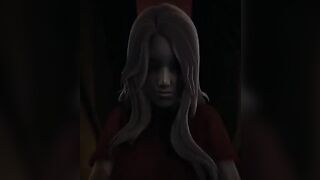 Girl with red eyes scares Alma in cowgirl pose