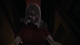 Girl with red eyes scares Alma in cowgirl pose