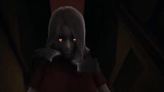 Girl with red eyes scares Alma in cowgirl pose