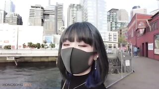 Perfect wife in blue silk dress seducing on livestream